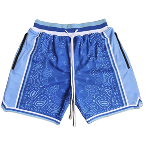 Shorts de basketball pour hommes, couleur unie, fermeture à cordon, tissu en toile écologique, décontracté, bleu avec bordure blanche, poches - Product Image 6