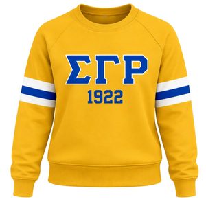Sweat-shirt doré pour femme à col rond avec motif lettres grecques 1922, manches longues, pull décontracté avec rayures blanches et bleues sur les manches - Product Image 1