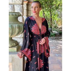 Bohemian Women Maxi Dress Black <b>Red</b> Floral V Neck Long Sleeve Loose Fit Resort Wear Dress - Product Image 2