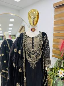 New Designer Party <b>Top</b> Palazzo Dupatta Set with satin work embossed designs - Product Image 2