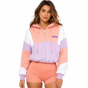 Manufacturer Lavender Pink Acid Wash Patchwork Women's Hoodies USA Cotton Fleece 2 Piece Oversized Zipper Set Custom Streetwear - Product Image 1