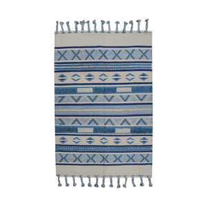 Handwoven Coastal Geometric Flatweave Area <b>Rug</b>-Blue Ivory Diamond Cotton Carpet <b>Boho</b> Striped Fringe Low Pile Living Room Decor - Product Image 4