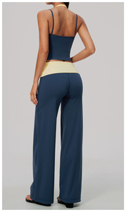 Women 2 Piece Yoga Set High Waist Solid Color Seamless Crop Top Wide Leg <b>Pants</b> <b>Spandex</b> Polyester Breathable - Product Image 4