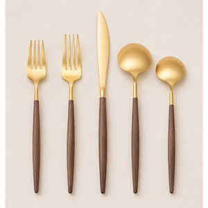 Ensemble de couverts en or mat avec manches en bois naturel, couverts en acier inoxydable pour les restaurants haut de gamme, les hôtels et les mariages, fourniture d'usine - Product Image 3