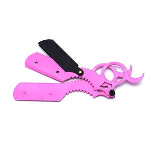 Rasoir de barbier professionnel en acier inoxydable avec poignée à anneau unique et lame interchangeable de couleur rose - Product Image 1