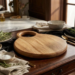 Planche à découper ronde en bois massif écologique de qualité supérieure pour la viande, les légumes, les fruits, le pain - Plateau de service et préparation des aliments - Product Image 2