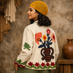 Embroidered Floral Blouson <b>Jacket</b> with <b>Mandarin</b> <b>Collar</b> Pullover Closure Full Sleeve Long Winter Women's Outerwear Cotton Filling - Product Image 6