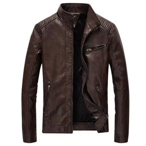 <b>Men's</b> Black PU Leather Moto Jacket Stand Collar Zipper Closure <b>Slim</b> <b>Fit</b> Autumn Wear Regular Sleeve Solid Color - Product Image 5