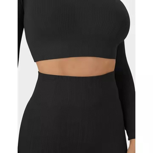 Ensemble de yoga côtelé pour femme, taille haute, manches longues, tenue de sport sans couture, couleur unie, grande taille, imperméable - Product Image 6