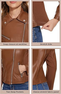 Chaqueta de Moto de Cuero PU para Mujer, Manga Larga, Cierre de Cremallera, Color Sólido, Estilo Otoñal, Cuello Camisero, Largo Regular - Product Image 6