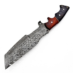 Handmade DIY Damascus Steel Outdoor Knife with Serrated Spine and Wooden Handle with <b>Leather</b> Sheath for Camping Use OEM - Product Image 1