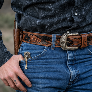 Wholesale Custom Western Style Feather Hand Tooled Grain Leather <b>Belt</b> for Men & Women High Quality Vintage Brown <b>Cowboy</b> <b>Belt</b> - Product Image 4