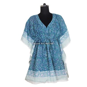 Caftán Corto de Algodón con Estampado a Mano, Ropa de Dormir para Mujer, Abaya Holgada, Caftán para Dama, 100% Orgánico, Diseño de Diseñador con Estampado a Mano - Product Image 5