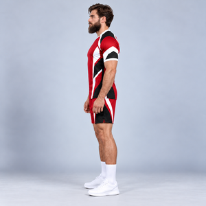 Ensemble short et maillot de rugby unisexe par sublimation, respirant, rouge, noir, blanc, 100 % polyester, haute qualité, personnalisable, marque Needle - Product Image 4