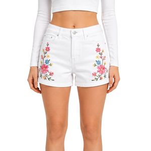 Shorts de Mezclilla Blancos de Cintura Alta para Mujer con Bordado Floral Colorido, Shorts Casuales de Verano, Ropa de Moda Personalizada OEM ODM - Product Image 1