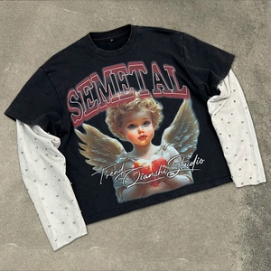 T-shirts surdimensionnés personnalisés de luxe avec graphiques en strass pour hommes, en coton lourd, lavage à l'acide, double couche, manches longues - Product Image 3