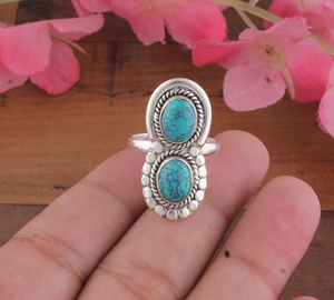 Bague en Argent Sterling 925 avec Deux Pierres Naturelles de Turquoise, Style Classique, Perles Ovales et Cordon, Vente en Gros - Product Image 2