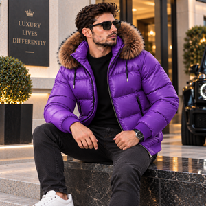 Wholesale <b>Men's</b> Purple Bubble Leather <b>Jacket</b> Fur Hood | Giubbotto Uomo | Chaqueta De Moda | <b>Blouson</b> Matelass | Herren - Product Image 2