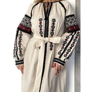 Robe pour femme brodée à la main en Ukraine, 100% coton, unie, décontractée, longue, coupe A, beige - Product Image 5