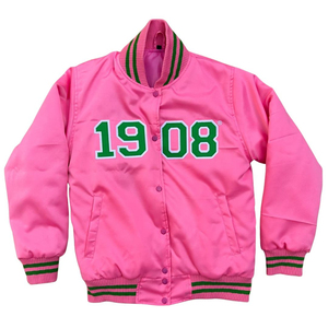 Chaqueta Bomber Universitaria de Satén Rosa para Unisex, Estilo Deportivo, Primavera, Ropa Griega Universitaria, Apliques Bordados en la Parte Delantera - Product Image 3