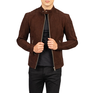 Chaqueta de Motociclista para Hombre, de Gamuza Marrón, Cuello Alto, Cierre de Cremallera, Corte Ajustado - Product Image 5