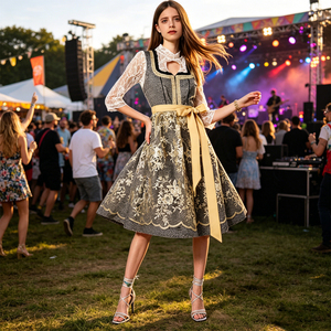 Women's 2 Pieces Retro Jacquard Bavarian Maid Dirndls <b>Oktoberfest</b> Costume German Beer Lace <b>Dress</b> Knee-Length Floral Print - Product Image 5