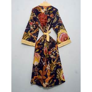 Kimono Kantha de Algodón Hecho a Mano, Diseño Elegante y Moderno para Primavera/Verano, Cintura Natural Larga, Transpirable, de Secado Rápido, Cuello en V - Product Image 5