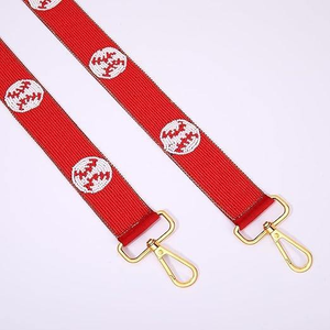 Sangle de sac artisanale légère en perles imitation nacre, motif baseball blanc sur fond rouge, réglable, bandoulière, style bohème - Product Image 1