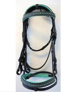 Brida de caballo de cuero ligero con relleno de cuero suave y bandas de cejas de cristal Incluye Riendas de cuero - Product Image 1
