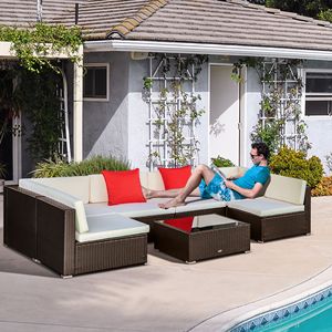 Set Divano da Esterno in Rattan PE a 7 Pezzi con Cuscini e Tavolino da Caffè - Product Image 2