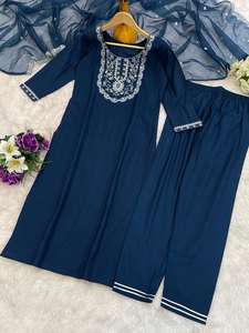 Conjunto de Kurta, Pantalón y Dupatta de Diseñadores Premium, Ropa Casual para Diario/Fiestas, Completamente Cosido, Listo para Usar, Vestido de Seda Romana con Bordado - Product Image 2