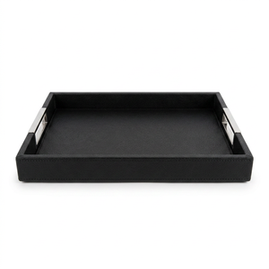 <b>Black</b> PU Leather Portable Rectangular Storage Serving Tray Metal Handles Modern Design for Kitchen Living Room Desk Use - Product Image 1