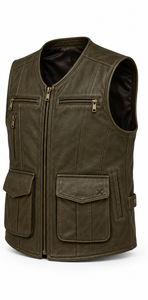 Chalecos de Cuero para Hombre con Múltiples Bolsillos y Estilo Utilitario |   Gris Oliva, Borgoña, Marrón Coñac |   Fabricante OEM ODM |   Diseño de Calidad Premium - Product Image 2
