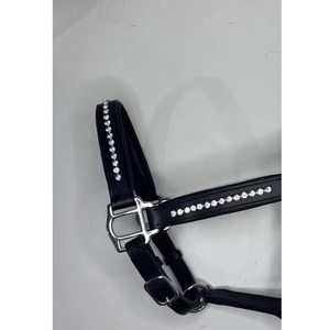 Black Leather Horse <b>Halter</b> with Crystal Rhinestone Accents Adjustable Show Tack Gear - Product Image 2