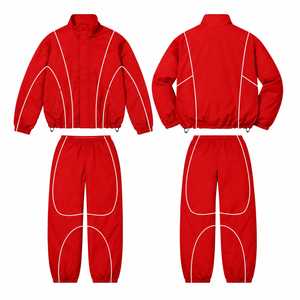 ชุดวอร์มกันลมสีแดงแบบขายส่ง OEM ODM เสื้อแจ็คเก็ตไนลอนดีไซน์แต่งขอบสีขาวสำหรับผู้ชาย พร้อมกางเกงจ็อกเกอร์เข้าชุด - Product Image 1