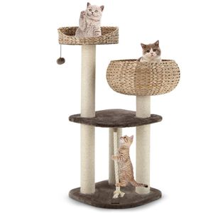 Centro Attività Multilivello per Gatti in Giacinto d'Acqua Intrecciato a Mano con Motivo Solido da 41 Pollici, 3 Tiragraffi in Sisal, per Interni, Marrone - Product Image 1
