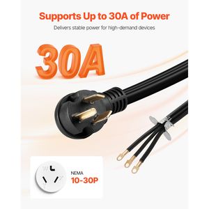 Cavo di alimentazione per asciugatrice da 3 metri, 10AWG, 30A, 3 poli, connettori NEMA 10/30P C19 e C15, 125/250V, in rame puro - Product Image 2