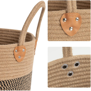 Cesta de Almacenamiento Mini de Yute Estilo Boho Gemini con Asas de Cordón, Cierre de Cremallera a Rayas, Color Beige Natural y Negro, Tejida - Product Image 6