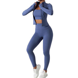 Premium Quality 3 Piece Crop Top <b>Set</b> Soft Elastic Workout Outfit With Sports Bra Leggings And Jacket For Gym Training Wear - Product Image 1