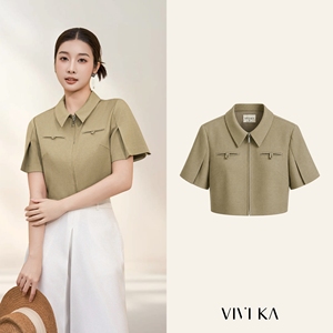 Camisa Corta de Mujer Verde Oliva con Cierre Frontal, Manga Casquillo, Cuello Camisero, Estilo Minimalista para Oficina, Color Sólido, Poliéster/Algodón, Primavera - Product Image 1
