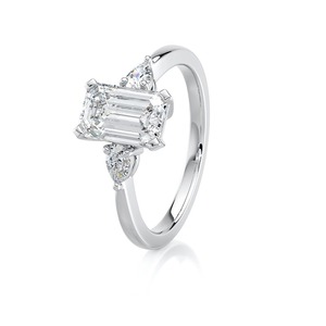 Anillo de Compromiso de Tres Piedras con Diamante Cultivado en Laboratorio de Corte Esmeralda de 1.60 Quilates, Oro Blanco de 14K, Piedra Lateral en Forma de Pera, Joyería Nupcial - Product Image 3