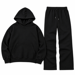 Ensemble de survêtement noir oversize pour homme, sweat-shirt à capuche uni et pantalon de survêtement à jambes larges, 2 pièces, streetwear décontracté - Product Image 4