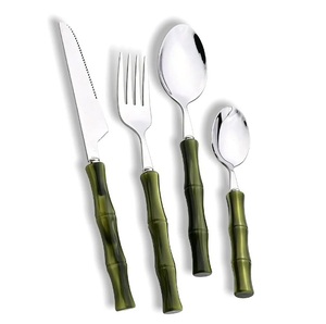 Juego de cubiertos de acero inoxidable con mango de bambú, diseño oriental, apto para lavavajillas, juegos de cubiertos para boda, en oferta. - Product Image 1