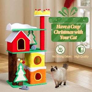 56in Christmas Themed Plush <b>Cat</b> <b>Tree</b> Multi-Level <b>Cat</b> Tower with Top Crown Perch & Sisal Ramp <b>Scratching</b> Posts Large <b>Cat</b> Condos - Product Image 4