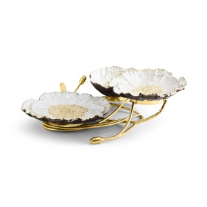 Ensemble de bols à fleurs en métal faits à la main avec bordure dorée et support métallique, vaisselle décorative pour table - Product Image 3