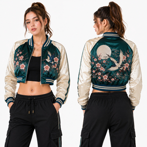 Custom Women's Winter Varsity Crop Jackets Woven Breathable <b>Canvas</b> <b>Plain</b> Dyed Button Raw Cotton Lining Customized Colors Sizes - Product Image 6