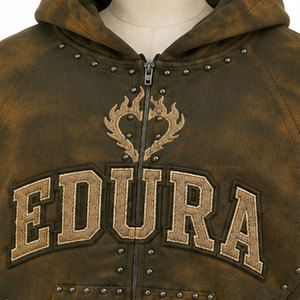 Sudadera con capucha de forro polar OEM personalizada, estilo streetwear, con efecto desgastado por el sol, lavado ácido, transpirable, para hombre, con remaches y pedrería, de peso pesado - Product Image 6