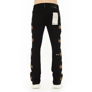 Jeans de Hombre Negros con Estrellas Bordadas, Corte Recto, Cintura Alta, Cierre de Cremallera, Estilo Casual, Lavado, para Otoño - Product Image 4