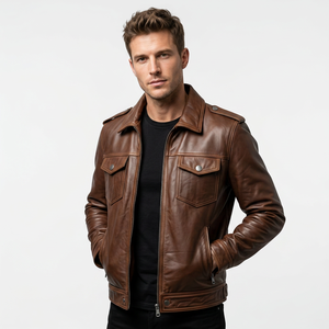 Veste en cuir marron pour homme, style motard, col rabattu, fermeture éclair, pour l'automne - Product Image 6