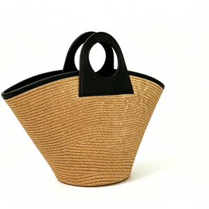 Customized Natural straw ring handle tote <b>bag</b>, black faux‑leather contrast trim woven handbag, fan‑shaped straw <b>basket</b> shopper - Product Image 3